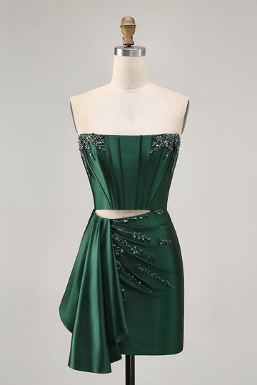 Corset Dark Green Strapless Beaded Bodycon Homecoming Dress